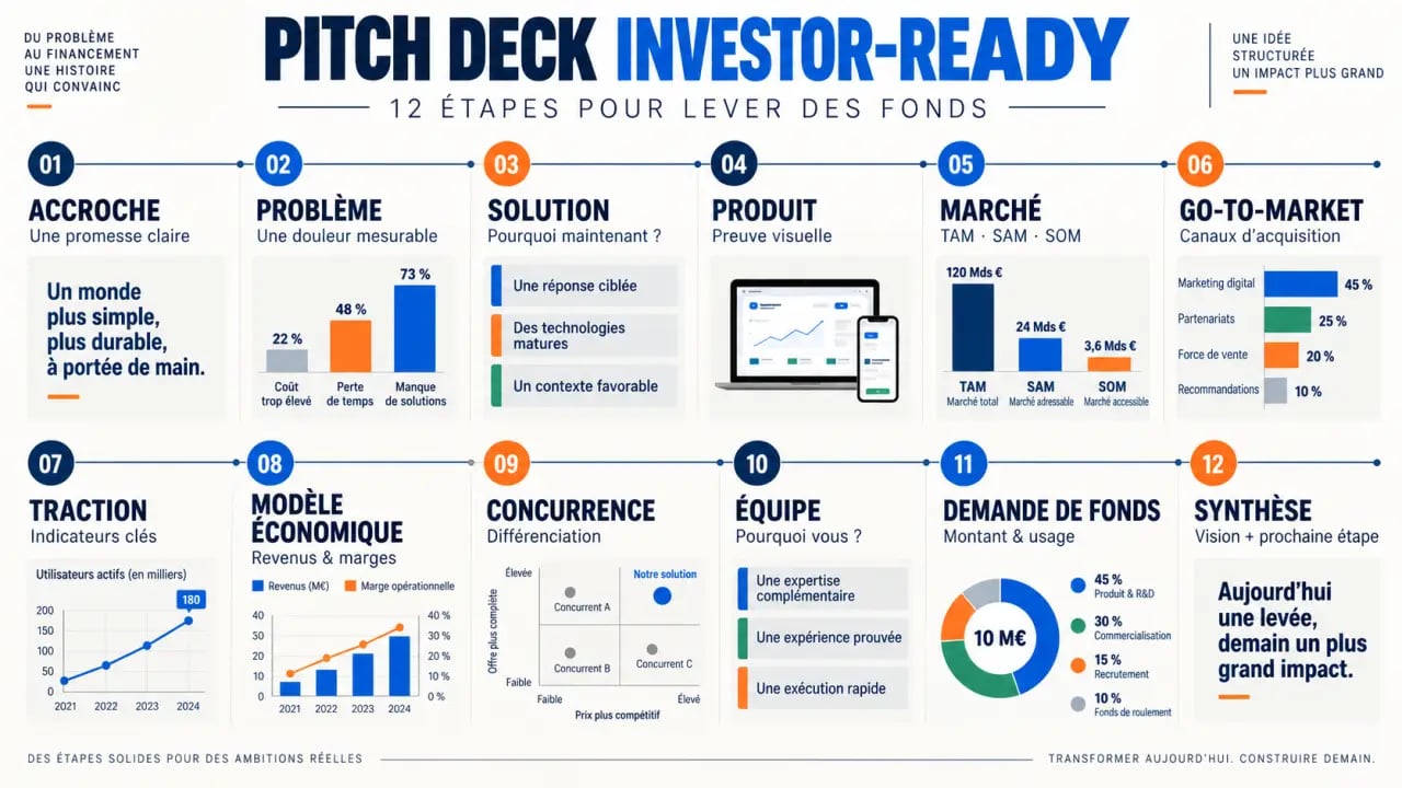 Levée fonds pitch deck investor ready template : structure visuelle des 12 slides essentielles
