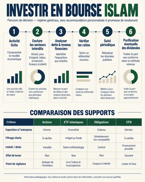 Infographie sur investir en bourse islam et les critères de conformité des actions et ETF