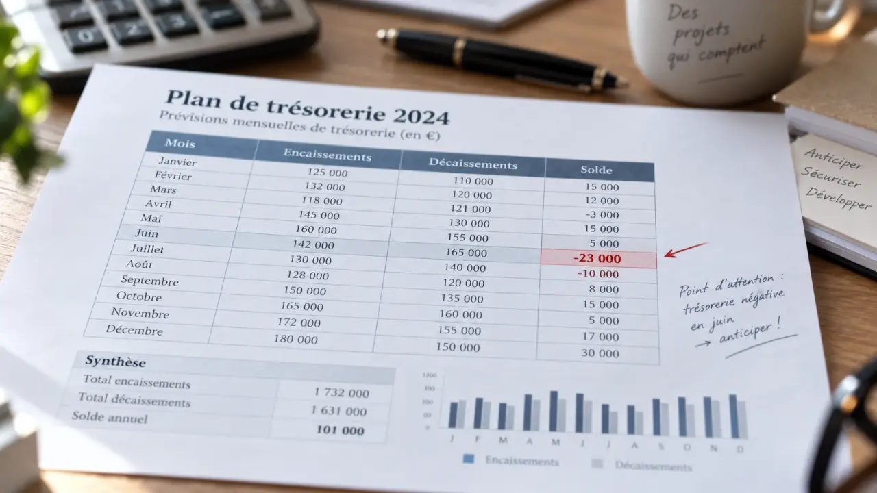 Plan de trésorerie : repérer le mois où le solde passe dans le rouge