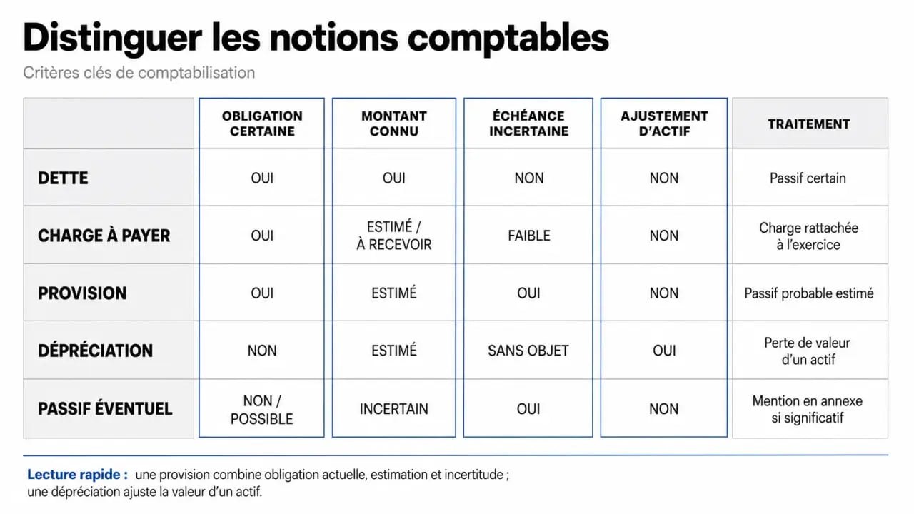comptabilité les provisions : comparaison visuelle entre provision, dette, charge à payer, dépréciation et passif éventuel