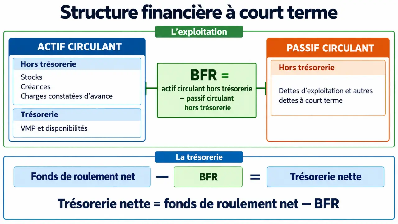 Schéma explicatif des actifs circulants, du BFR, du fonds de roulement et de la trésorerie nette