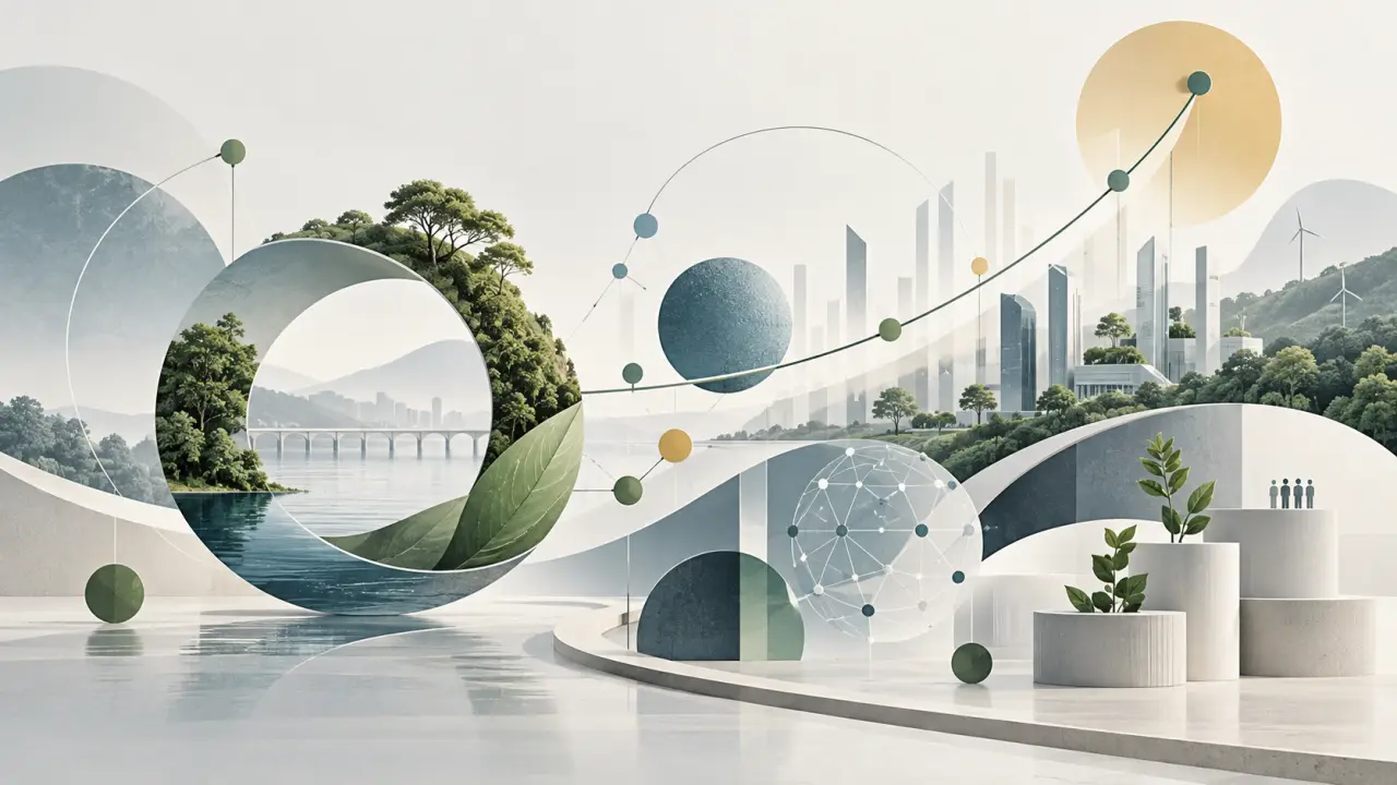 Illustration abstraite d’une startup à impact reliant innovation technologique et croissance durable