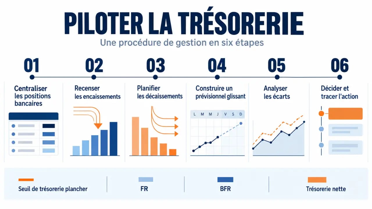 Procédure de gestion de la trésorerie en six étapes avec prévisionnel, seuil d’alerte et indicateurs FR BFR