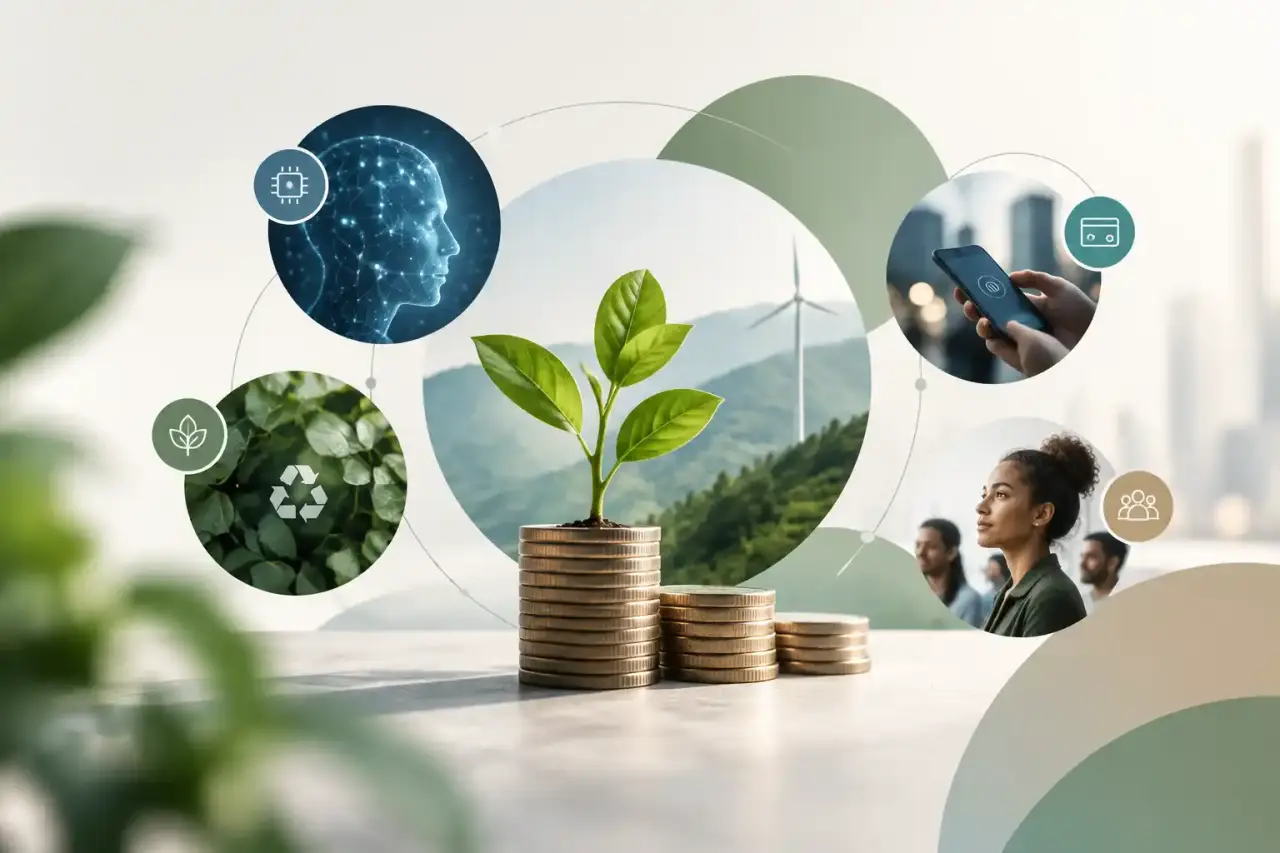 Ondes abstraites se transformant en graphiques financiers ascendants