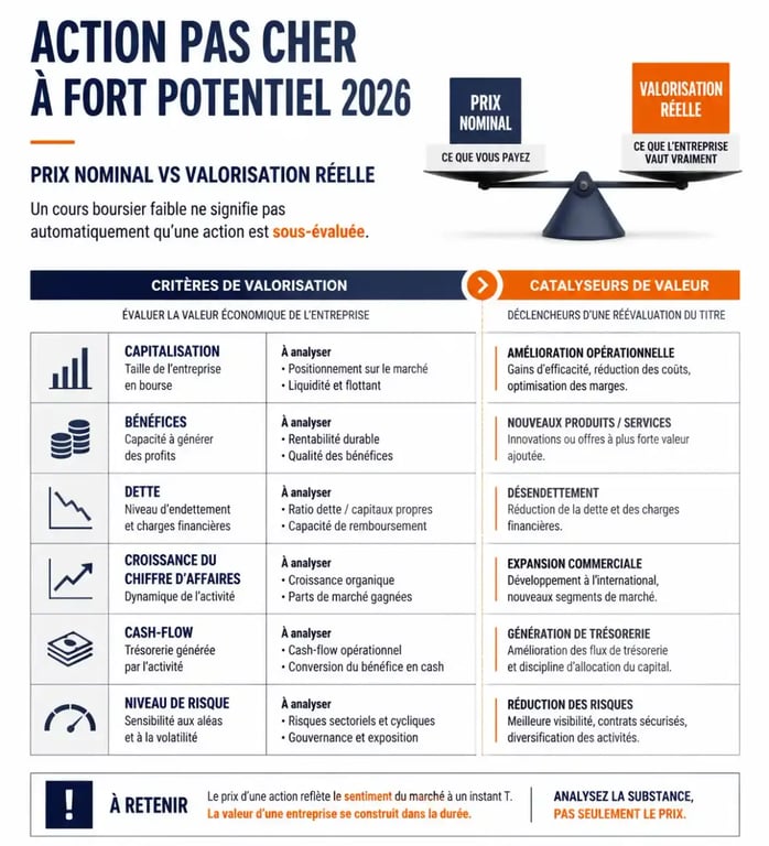 Infographie sur une action pas cher à fort potentiel 2026 et les critères de valorisation et de risque