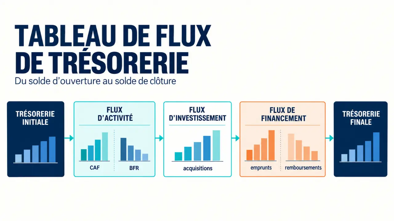 Infographie du tableau de flux de trésorerie avec flux d’activité, d’investissement et de financement