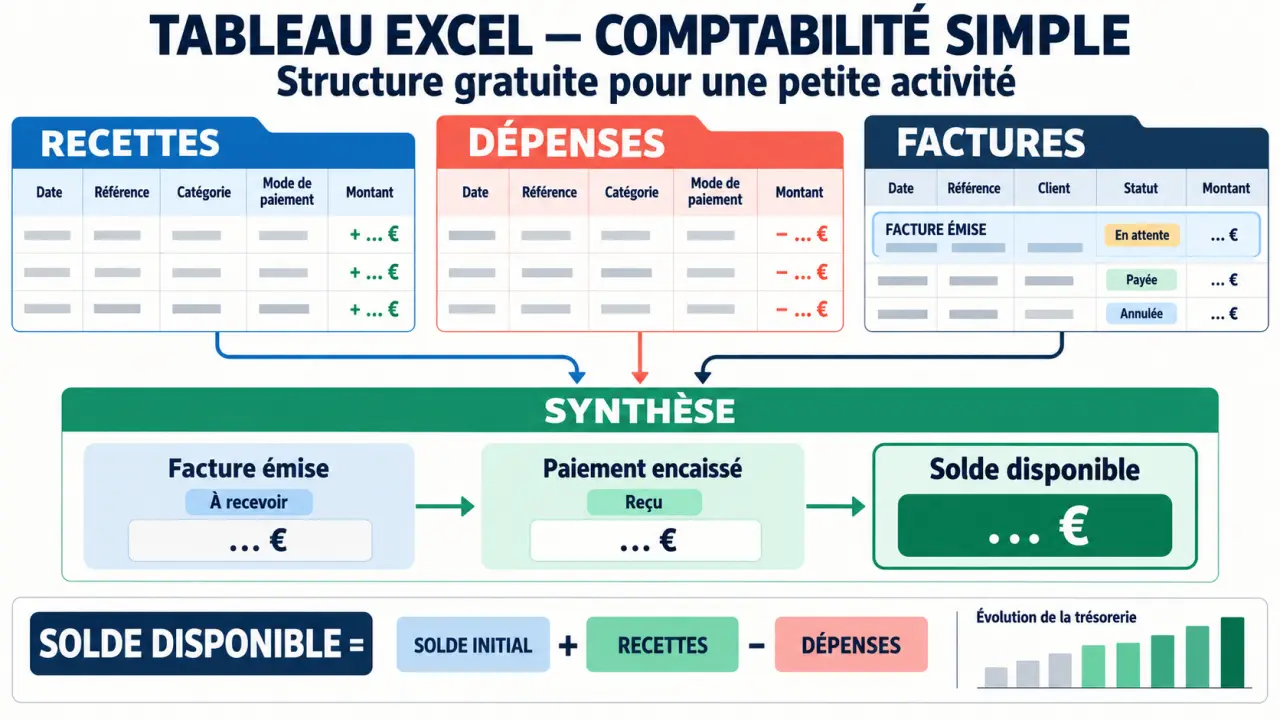 Infographie d’un tableau Excel de comptabilité simple et gratuit avec recettes, dépenses, factures et synthèse
