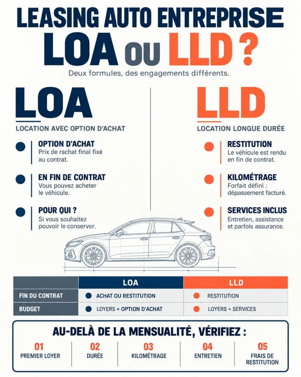 Infographie leasing auto entreprise comparant les formules LOA et LLD