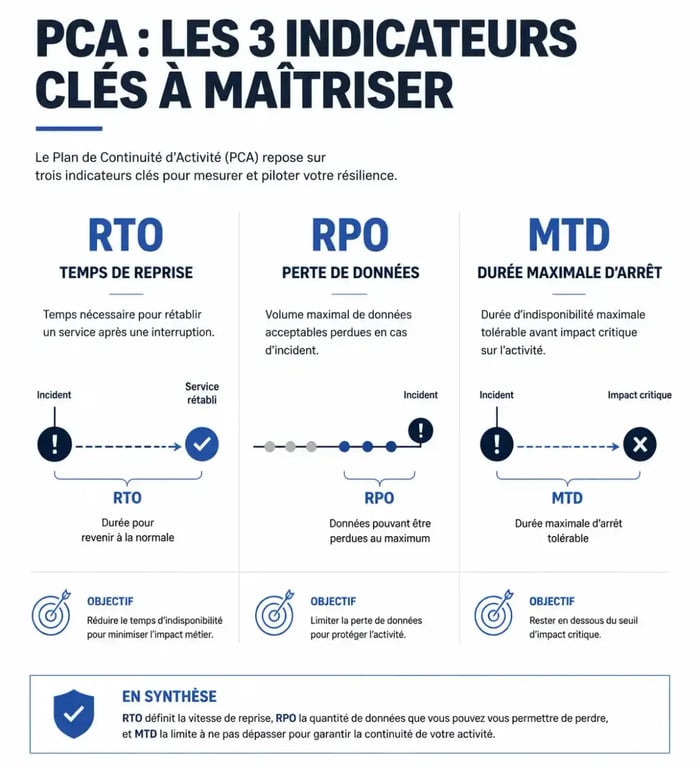Infographie des indicateurs de continuité d'activité RTO, RPO et MTD pour un planning business continuity efficace