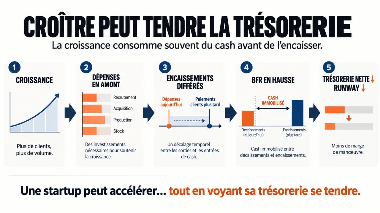 Infographie sur comment optimiser la gestion de trésorerie d'une jeune startup et le lien entre croissance, BFR et runway