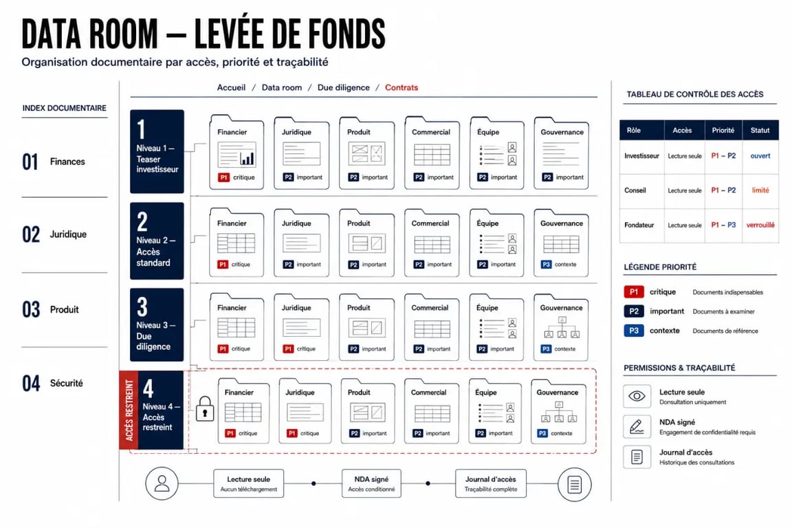 Data room levée de fonds illustrée par une organisation en quatre niveaux d’accès, dossiers financiers et juridiques sécurisés