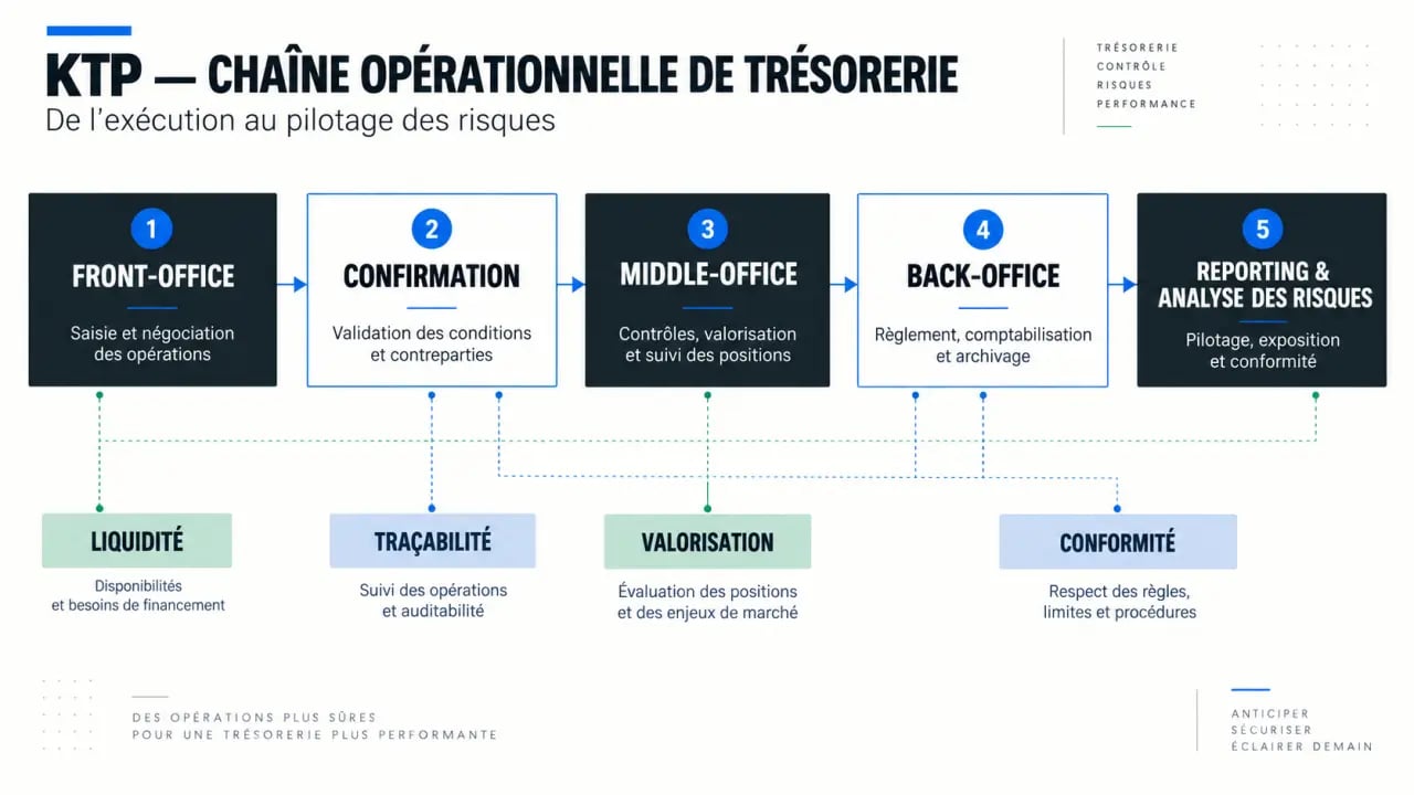 Schéma du logiciel de trésorerie KTP reliant front-office, back-office, reporting et gestion des risques