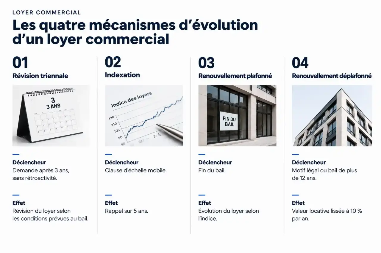 Schéma comparatif des mécanismes pour augmenter un loyer commercial : révision triennale, indexation et renouvellement