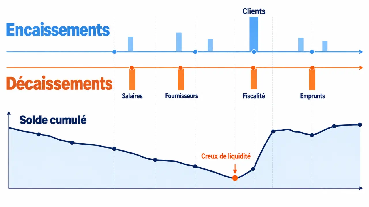 Gestion de trésorerie : visualisation des encaissements, décaissements et creux de liquidité