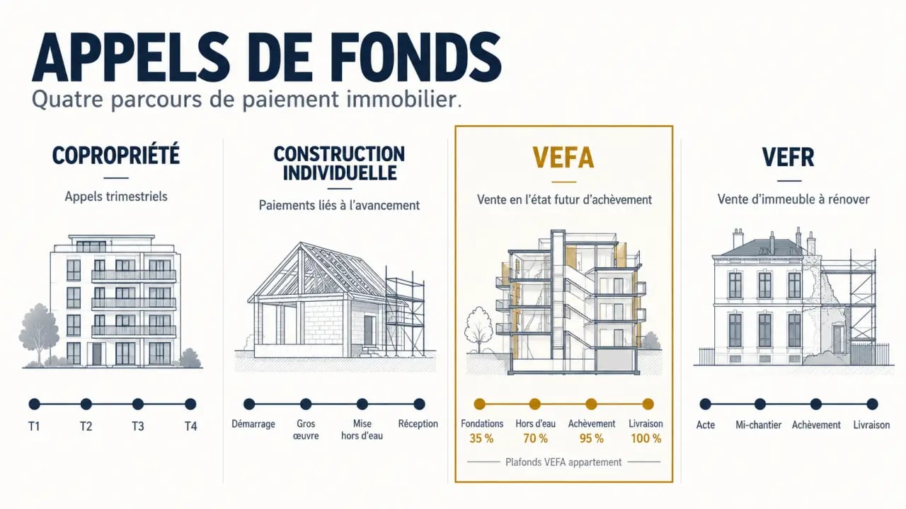 Infographie des appels de fonds en copropriété, construction individuelle, VEFA et VEFR